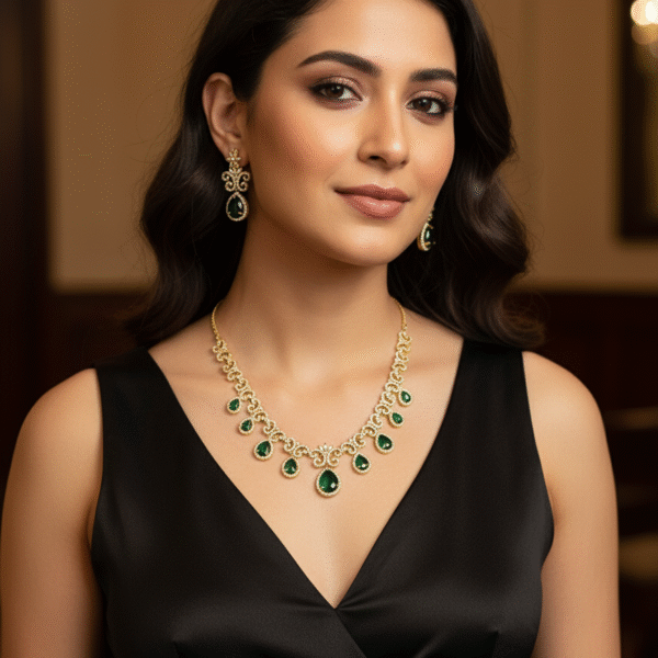 Elegant American Diamond Necklace Set with Green Stones + Suprise Gift